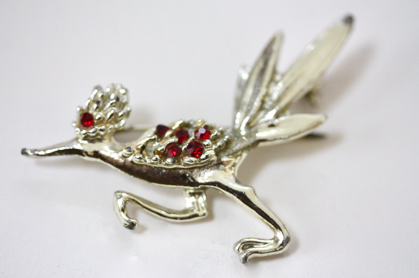 Unique red rhinestone vintage bird pin- silver with red rhinestones