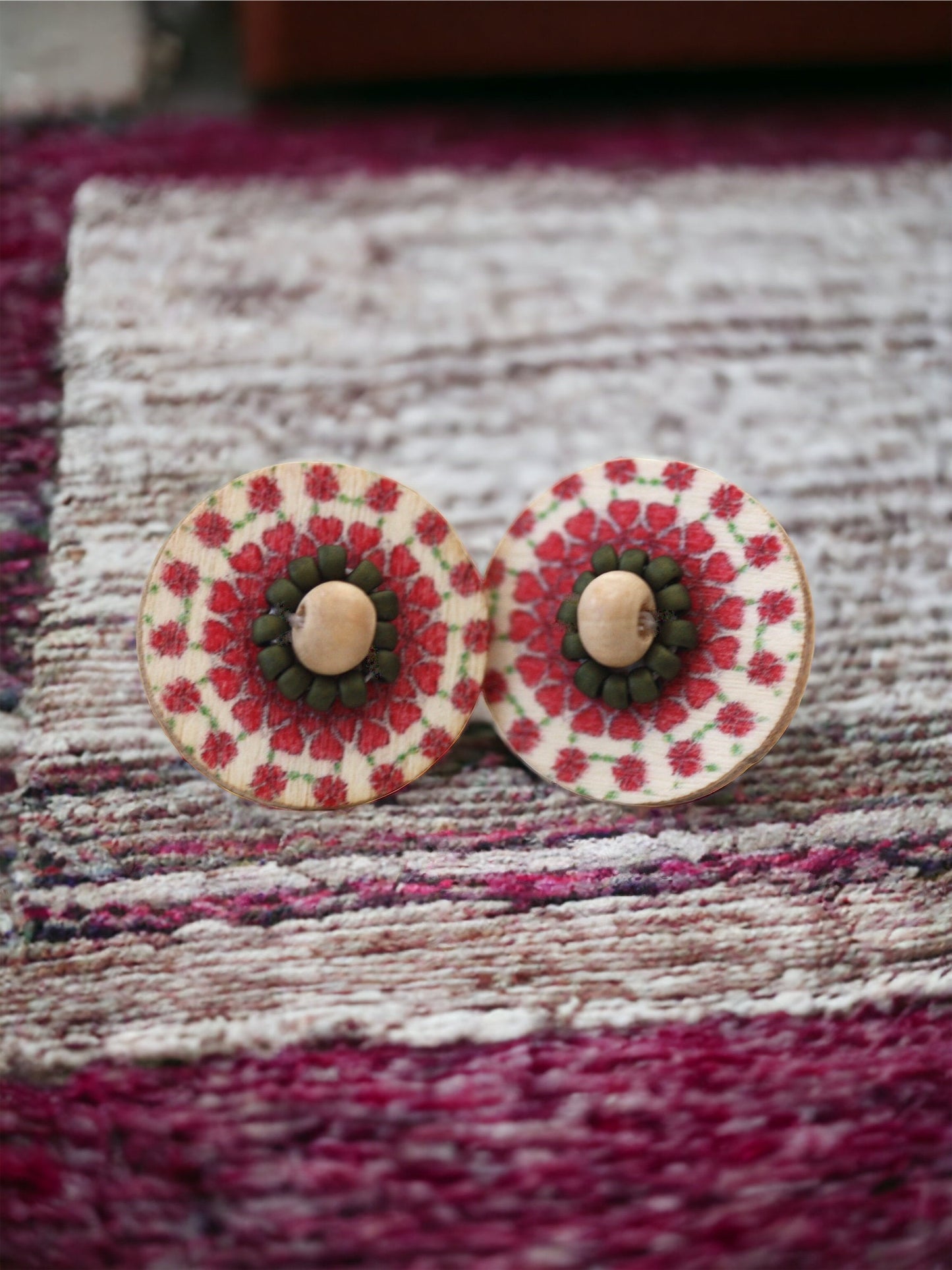 Stunning beadwork mandala stud earrings - red, natural tan and brown