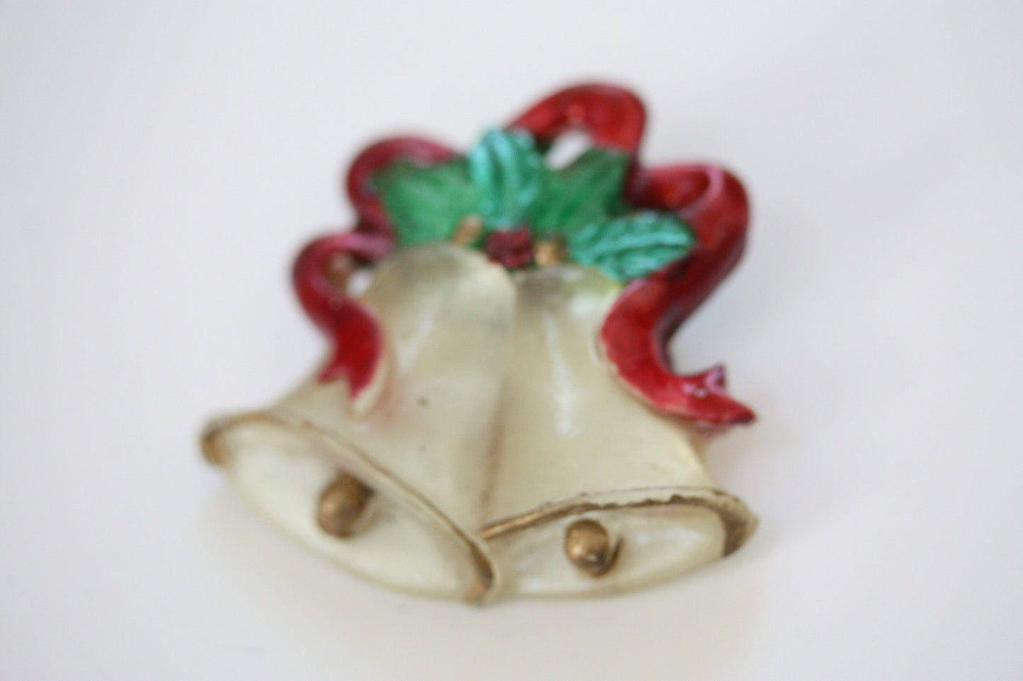 Unique old vintage charming Christmas bells pin with red ribbon and holly - classic /classy vintage Chritmas pin - lucite?
