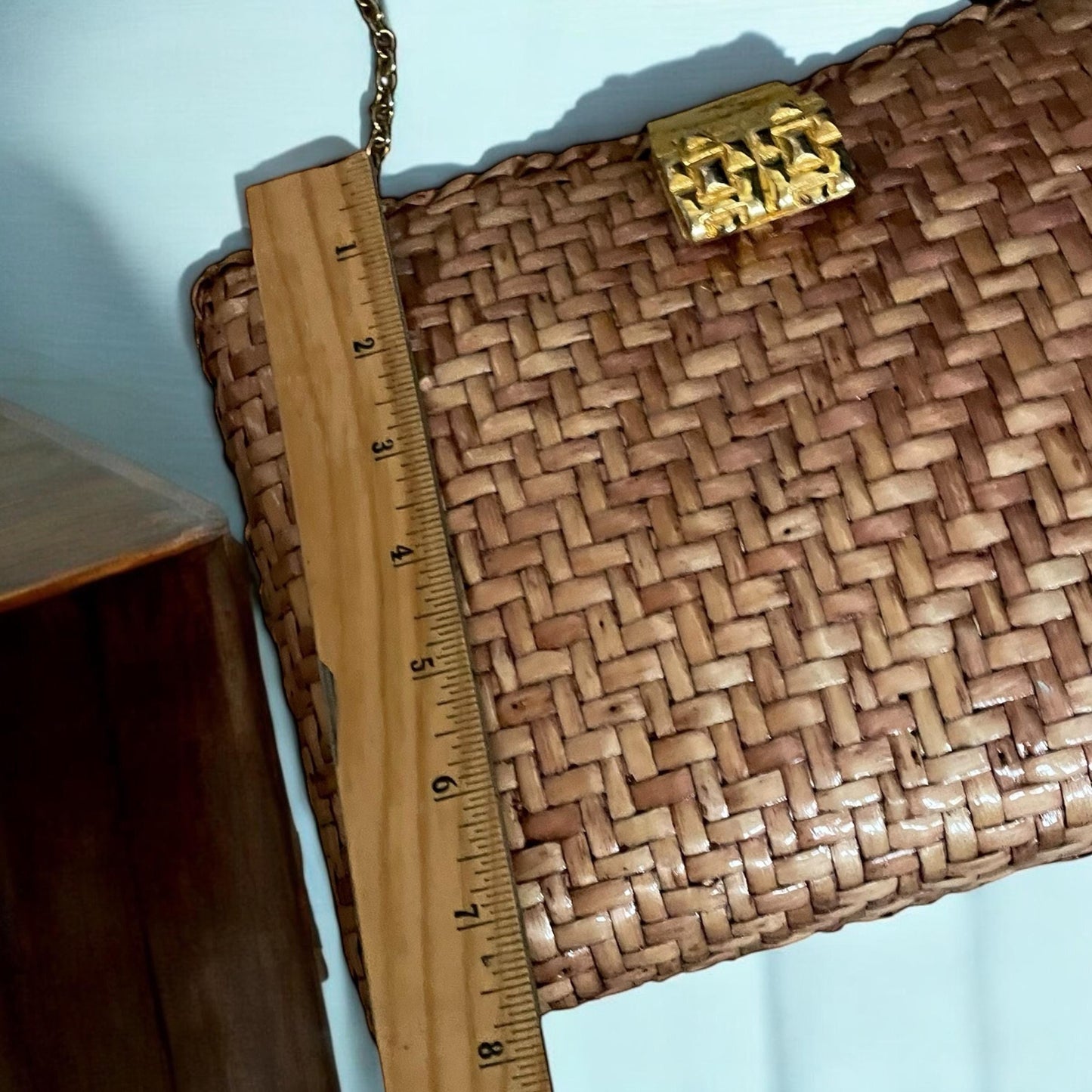 Vintage Wicker Handbag - Brown Wicker Shoulder Bag With Chain Handle & Zipper Pocket