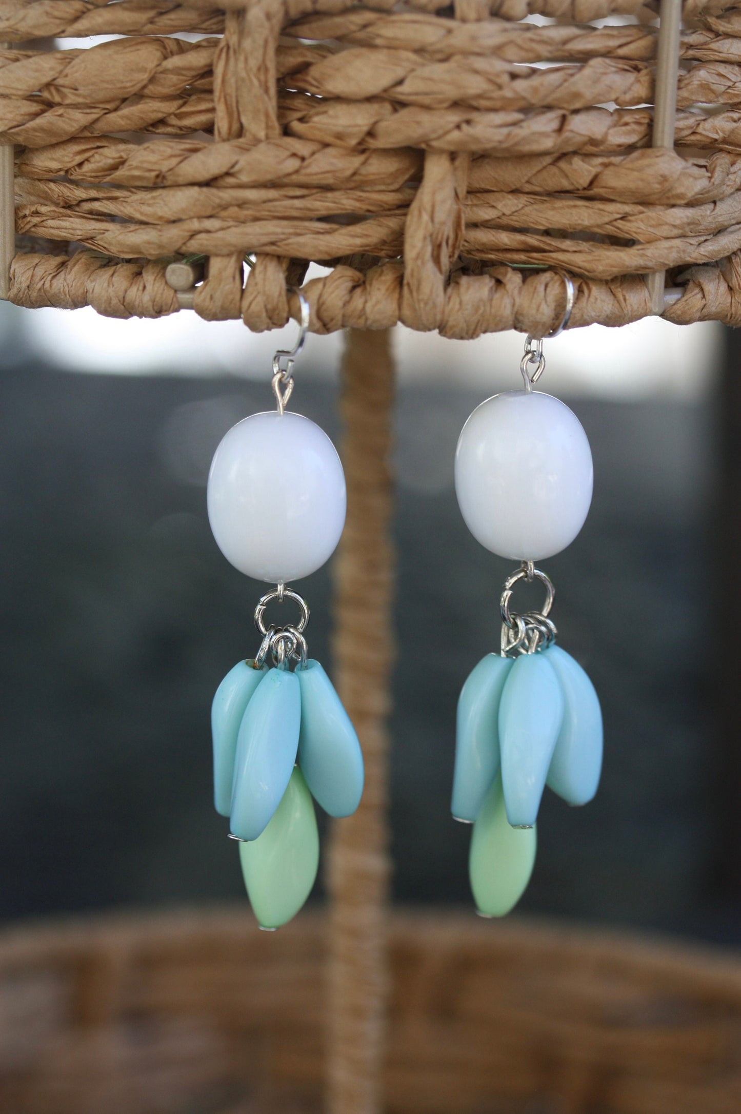Seafoam green, blue and white fun chandelier style dangle earrings