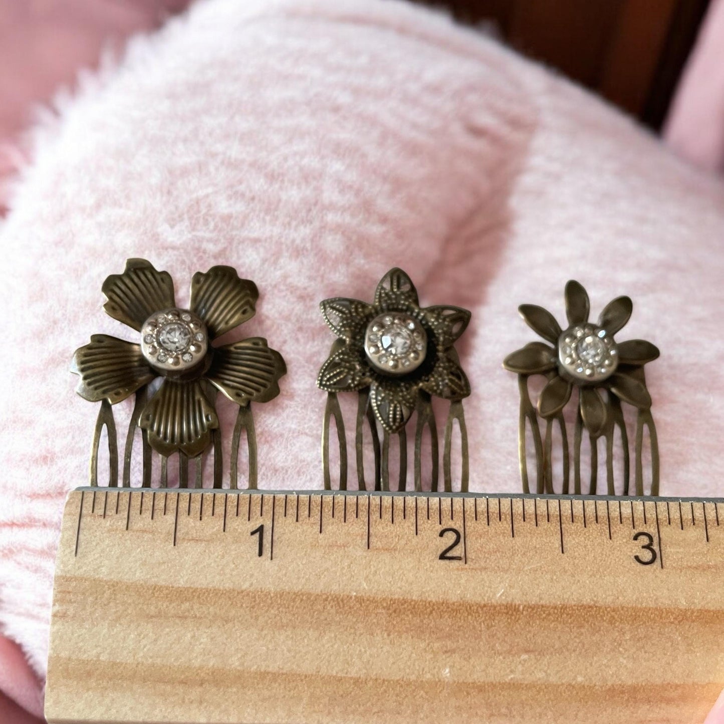 Set of 3 Rhinestone Metal Flower Hair Combs – Handmade 1.5" x 1" Bridal, Formal or everyday casual Hair Accessories
