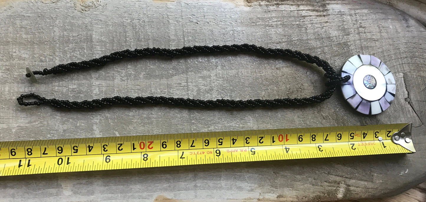 Vintage inlaid abalone and lavender mother of pearl on black multi strand seed beaded necklace