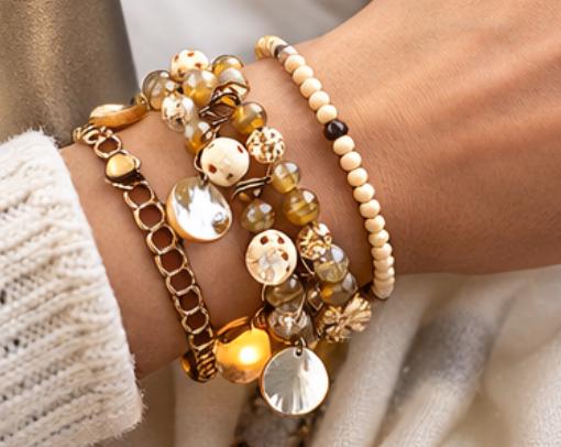 Vintage Beaded Charm Bracelet • Honey Amber Glass Beads • Carved Bone Beads • Mother of Pearl Charms • Boho Artisan Bracelet