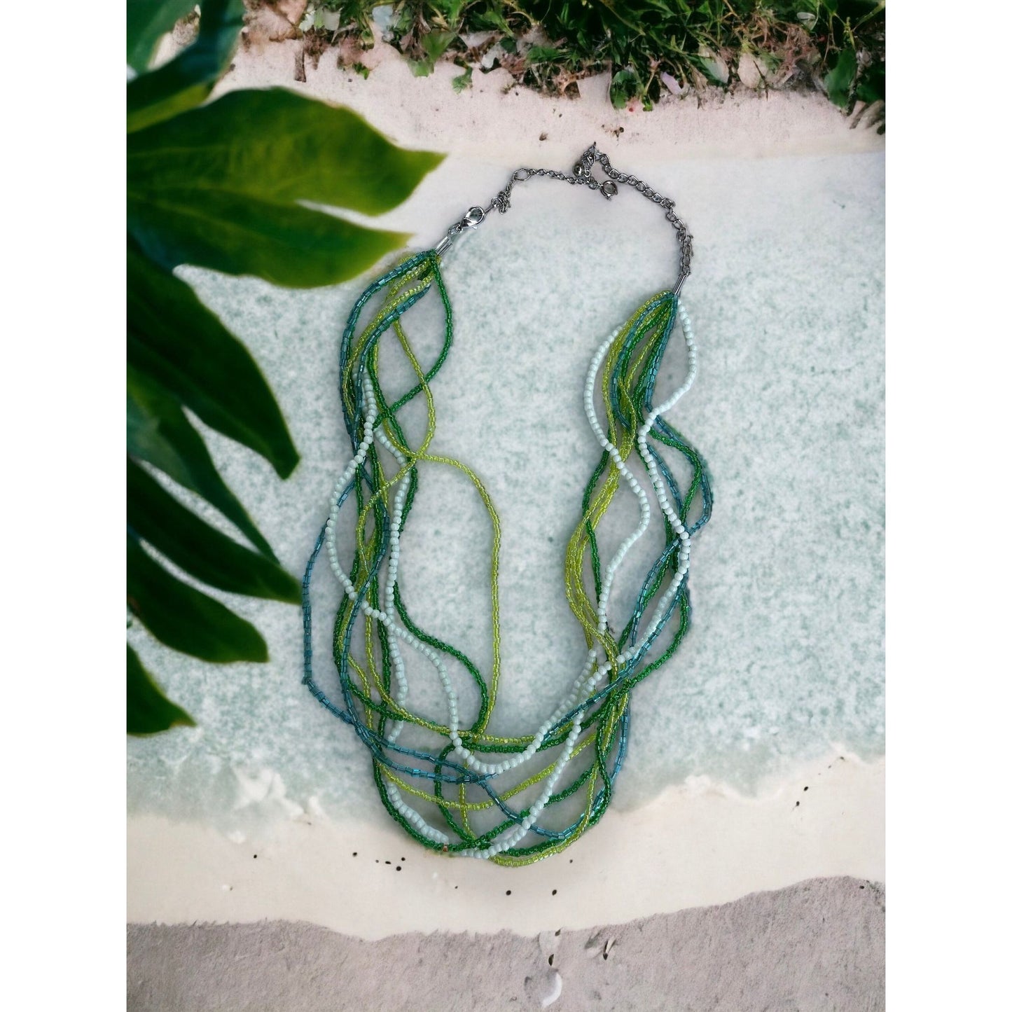 Shades of green, turquoise and white multi stranded vintage beaded necklace