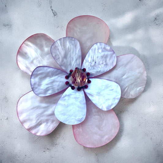 1970s Simulated Mother of Pearl pale pink and lavender Flower Brooch – Dual Petal Layers – Crystal Bead Center – Vintage Floral Pin