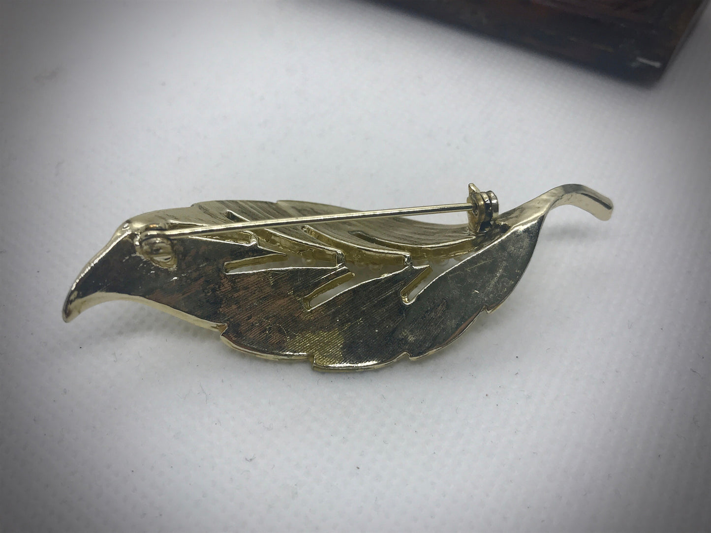 Vintage leaf pin studded with faux pearls