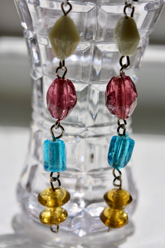 Handmade dangle earrings made of colorful recovered vintage glass