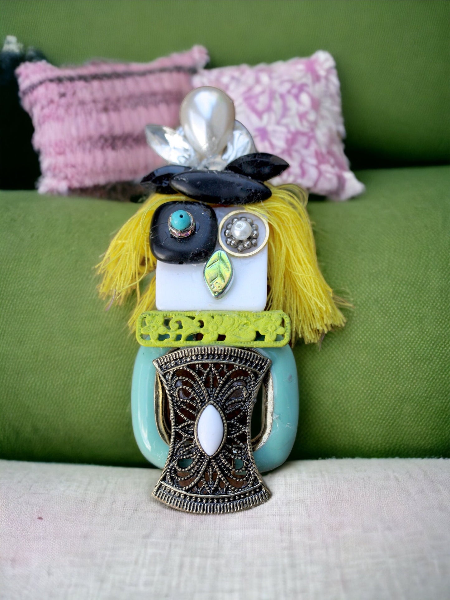 Meet "Abstract Bird Woman" - Assemblage art / mixed media collage - magnet or pin