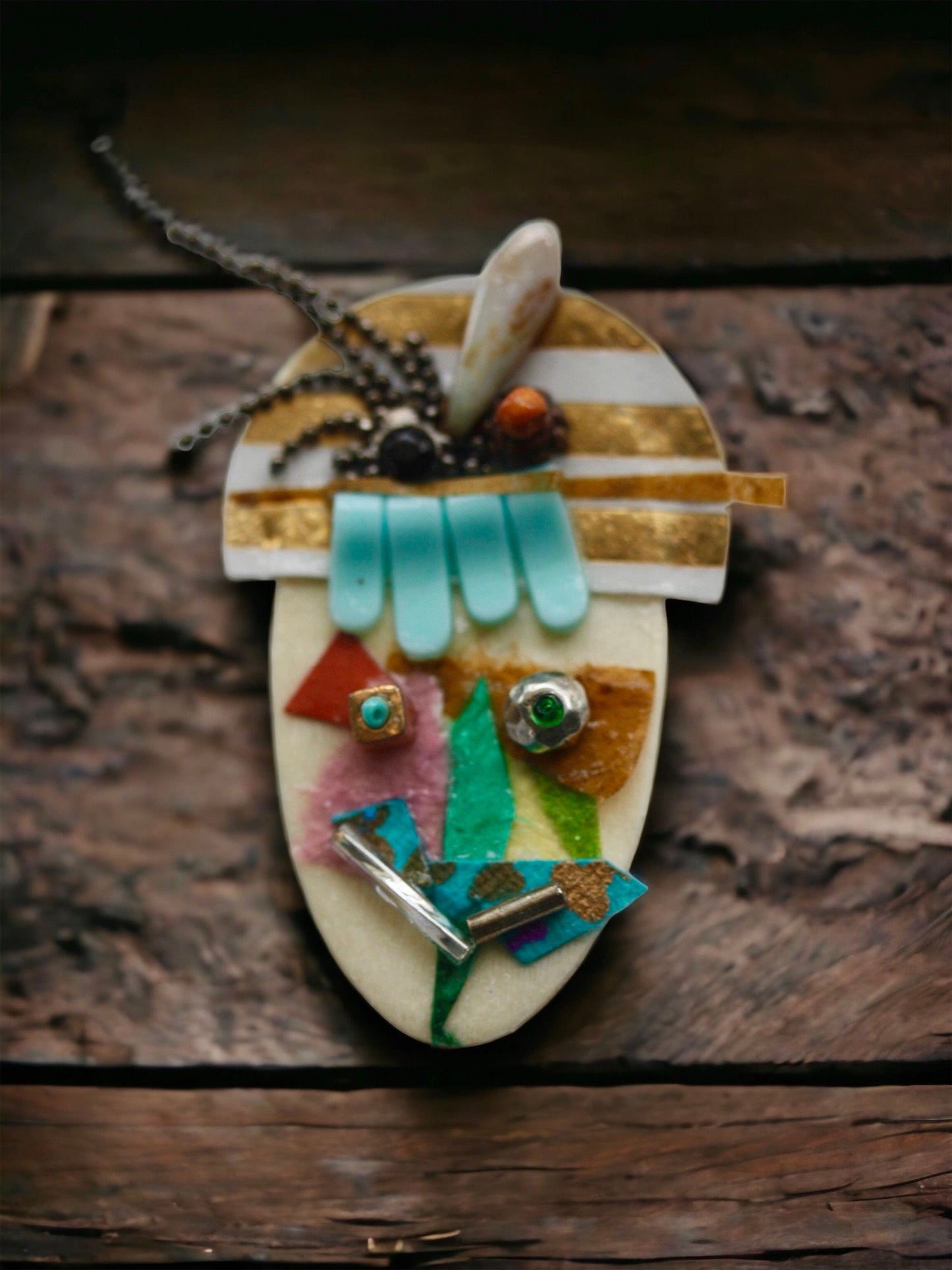 Meet "Bernice" - Assemblage art / mixed media collage - magnet, pin, necklace pendant or hair pin