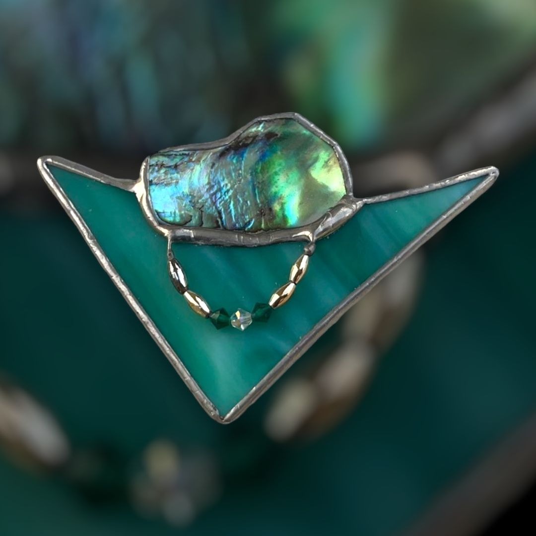 Stunning and unique 2 1/2" vintage triangular stained glass pin with abalone and beadwork