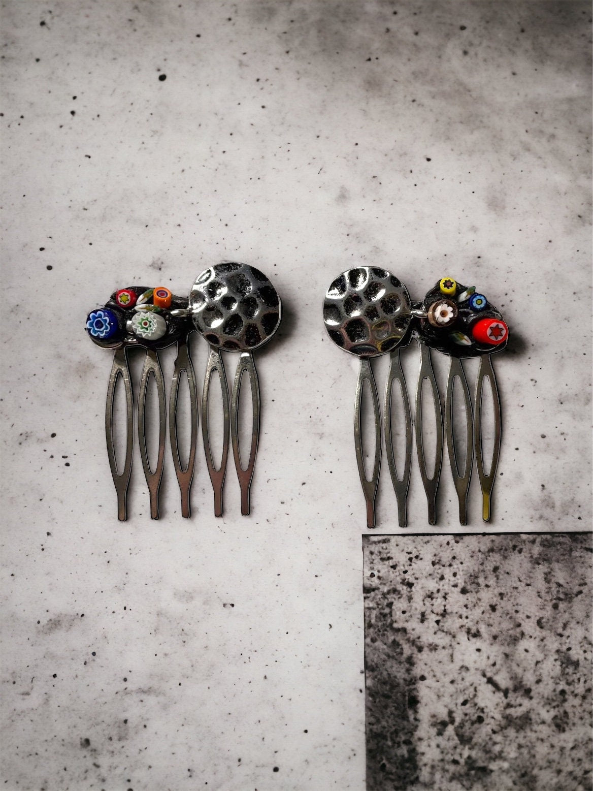 Pair of one-of-a-kind handmade Italian glass micro mosaic hair combs with millefiori