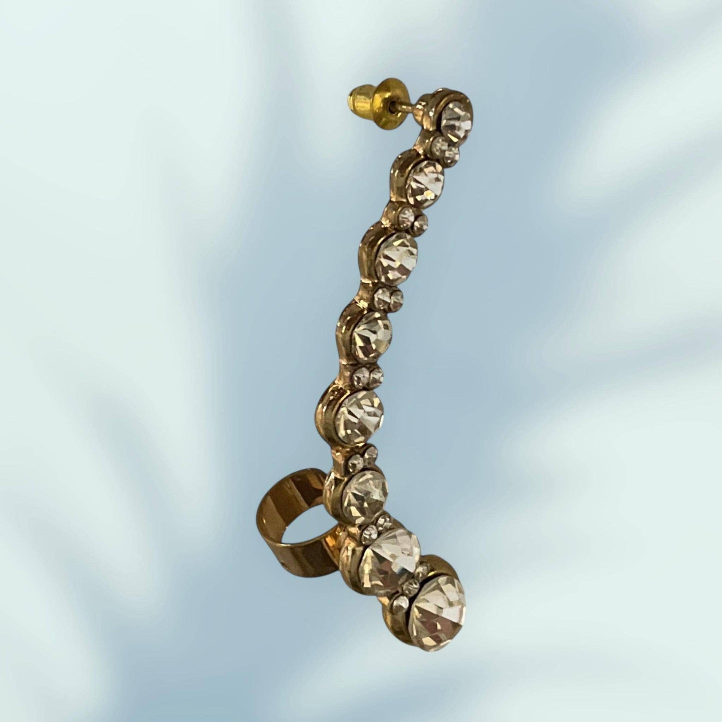 Vintage Rhinestone Ear Climber – Gold Tone Crystal Curve Earring, Elegant Costume Jewelry