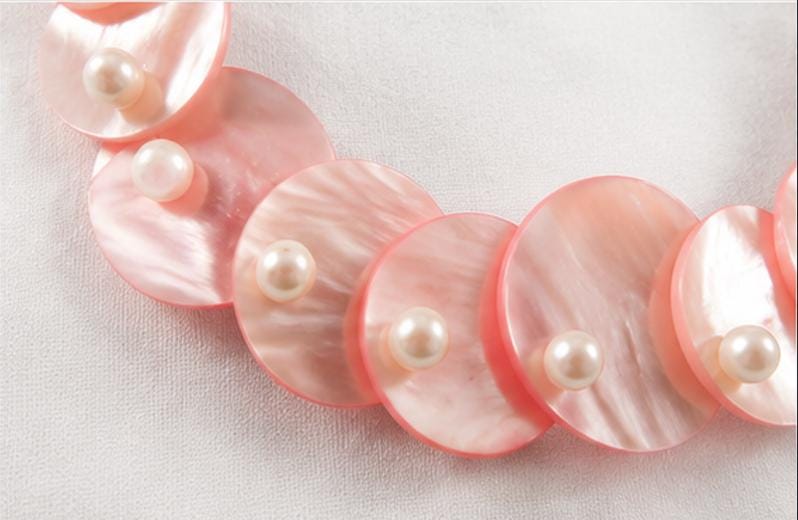 Vintage Pink Mother of Pearl Disc Necklace 20" | Shell Coin Statement Necklace with Faux Pearls | Coastal Cottage Jewelry