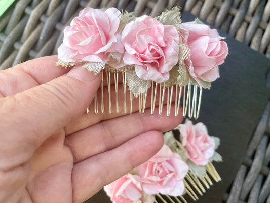 Pink faux flower hair combs - 1 pair