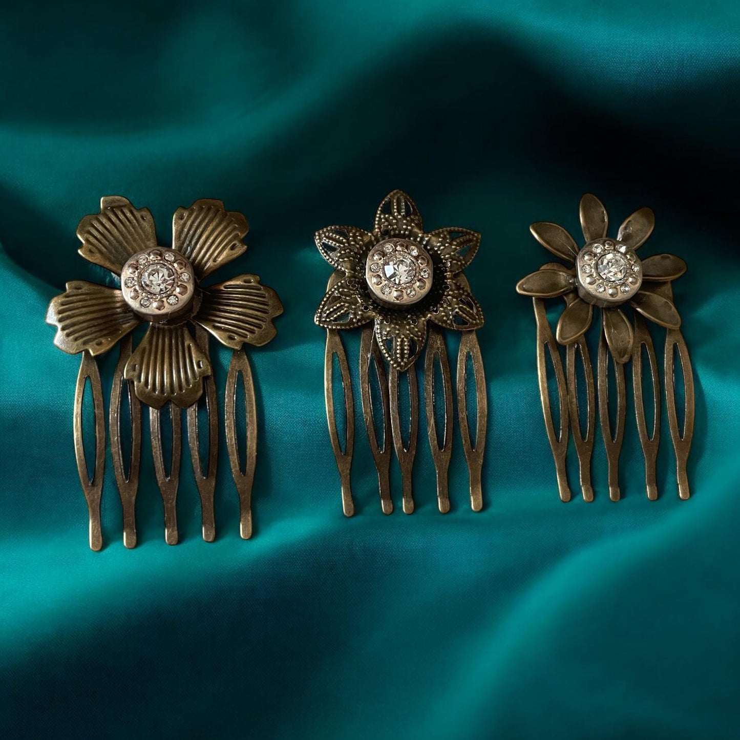 Set of 3 Rhinestone Metal Flower Hair Combs – Handmade 1.5" x 1" Bridal, Formal or everyday casual Hair Accessories