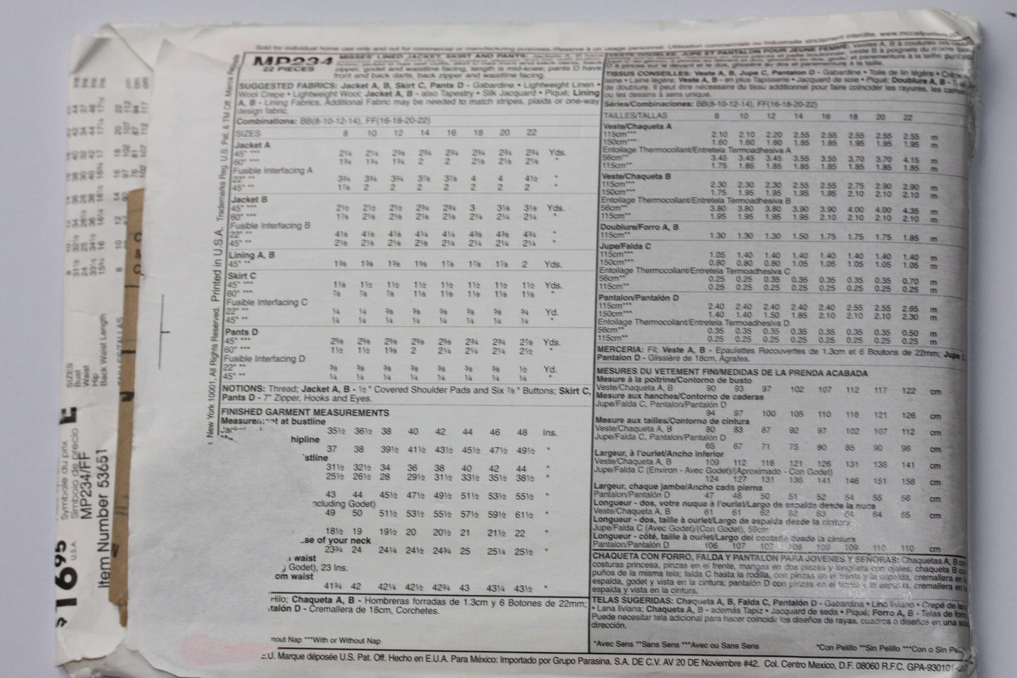 UNCUT Sewing Pattern - McCall’s Sewing Pattern P234 MP234 -  Classic Lined Jacket Skirt Pants Suit - Sizes 16-22