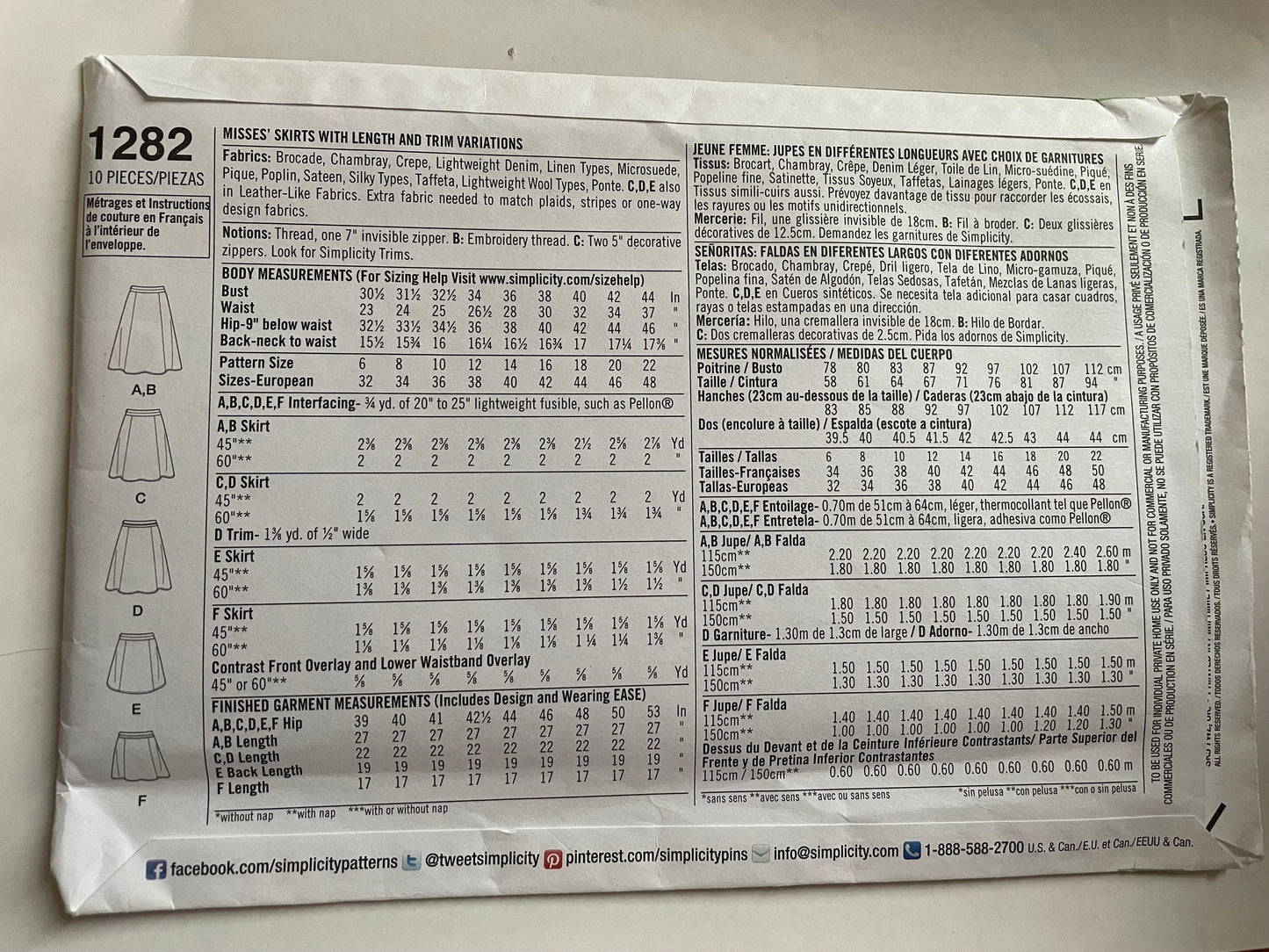 UNCUT Sewing Pattern - Simplicity 1282 - Sizes 14, 16, 18, 20, 22 - Skirt pattern - above knee, and knee length