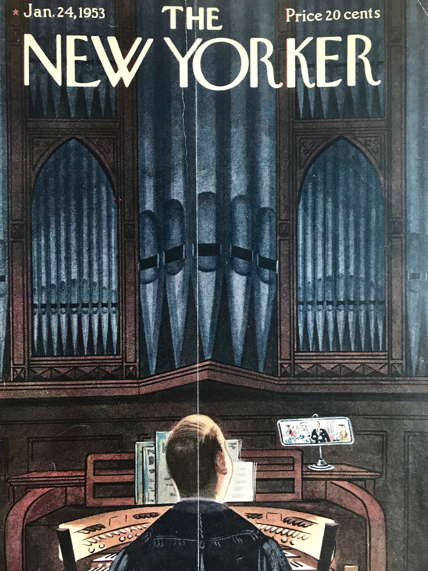 January 24, 1953 - The NEW YORKER Magazine original cover by Constantin Alajálov - church organ player - Please read description