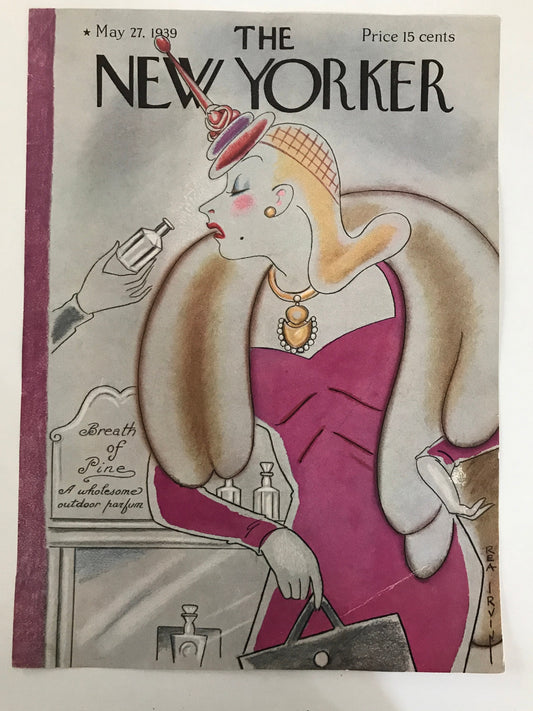 The NEW YORKER Magazine original cover - May 27, 1939 - Rea Irvin - fur clad blonde sniffs outdoor fragrance