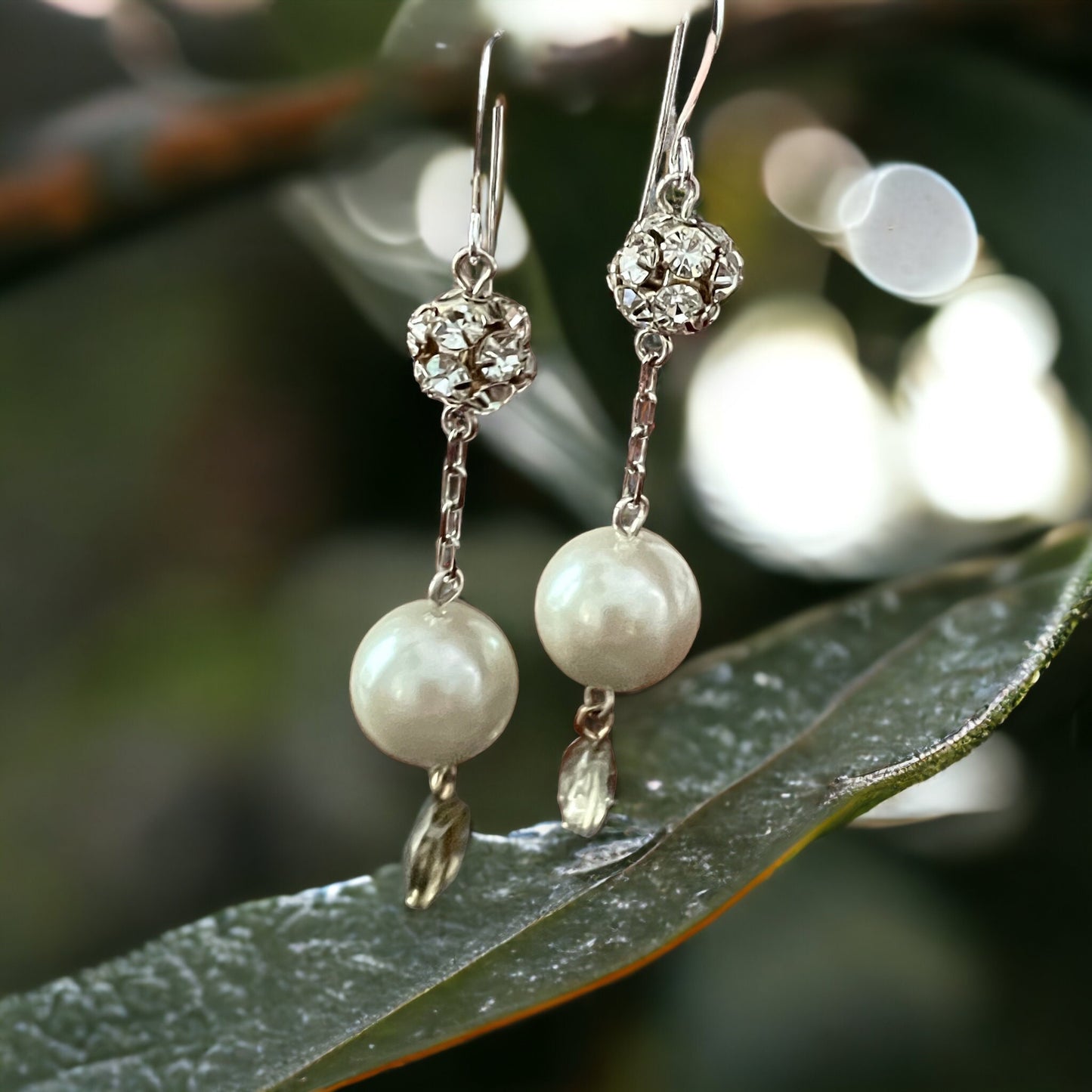 Rhinestone balls and pearls drop dangle earrings - sterling silver ear wires