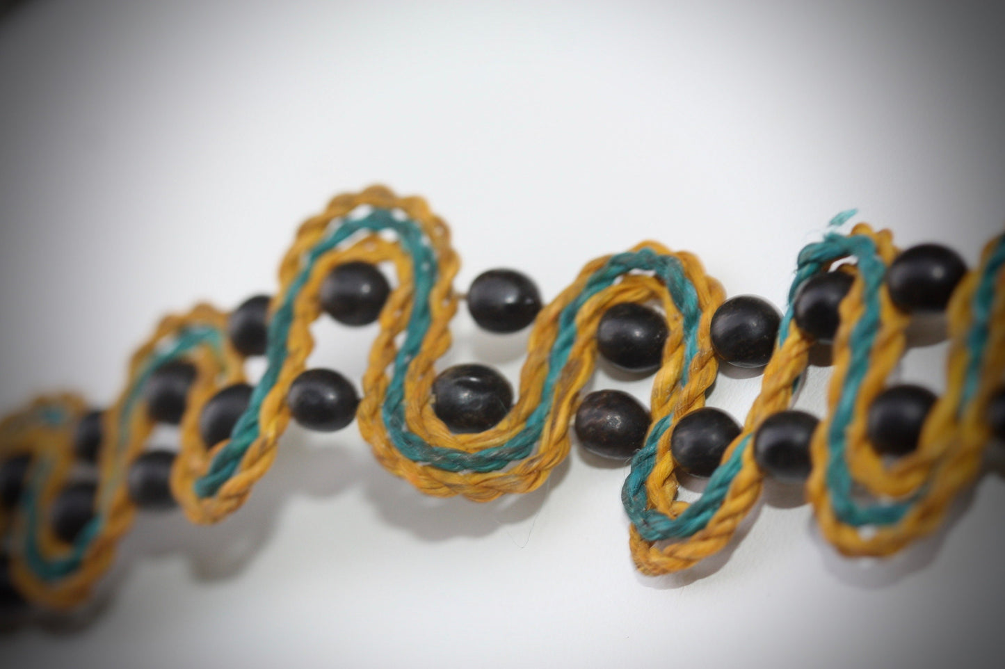 Unique MCM mixed material wood and braided string turquoise and yellow vintage bracelet