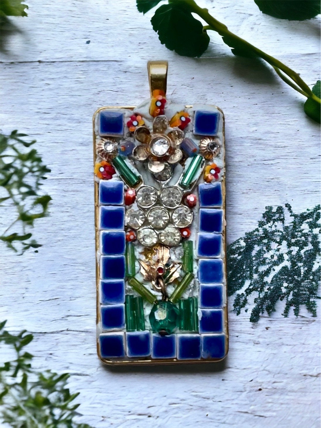 Mixed Material Micro Mosaic - tile, glass, metal and rhinestones - Assemblage art necklace pendant