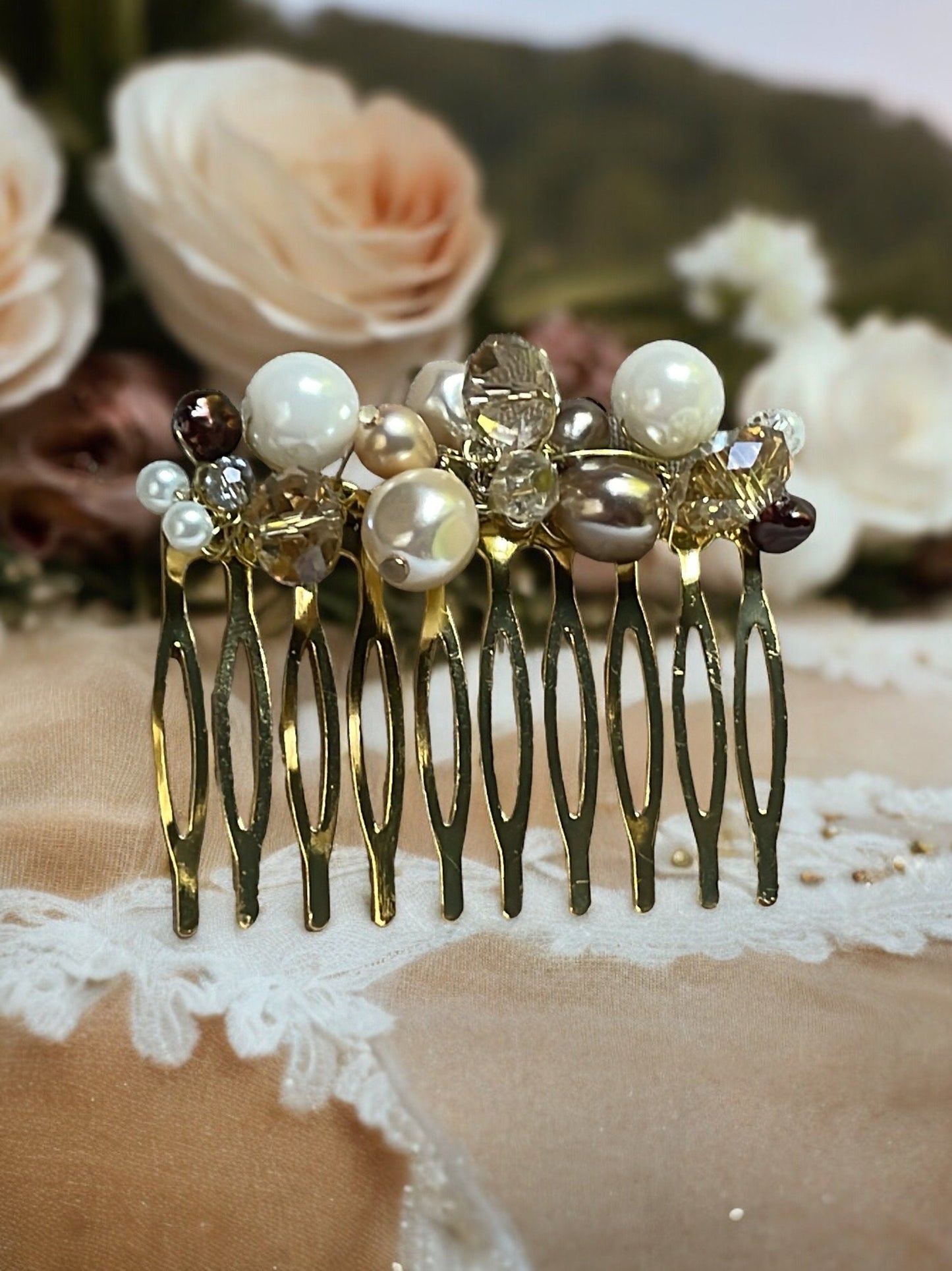 Beaded metal hair comb with crystals and pearls