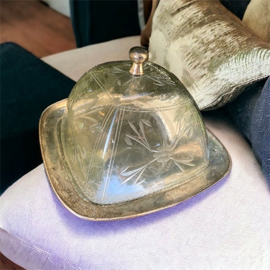 Vintage etched blown glass domed lid on silver square Cheese/Dessert dish