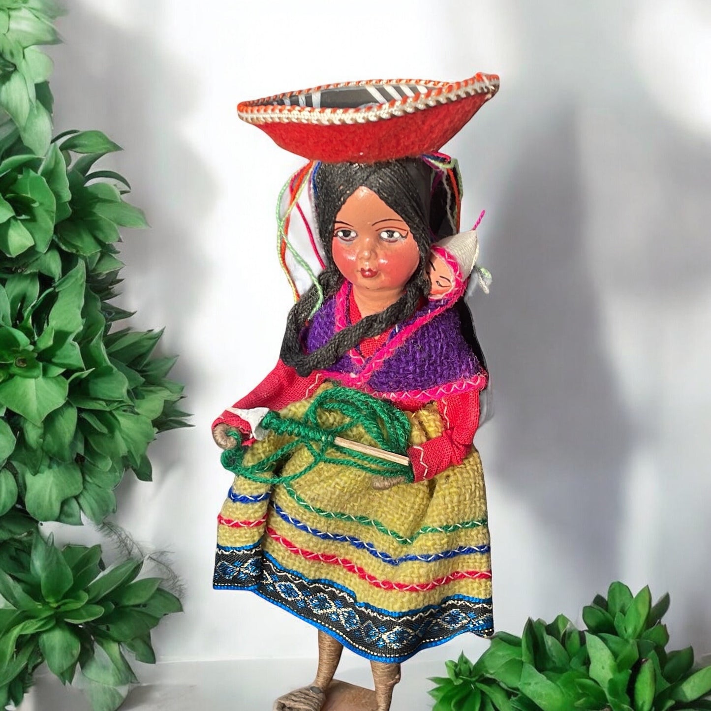 Vintage collectible handmade Peruvian folk art doll - woman and baby