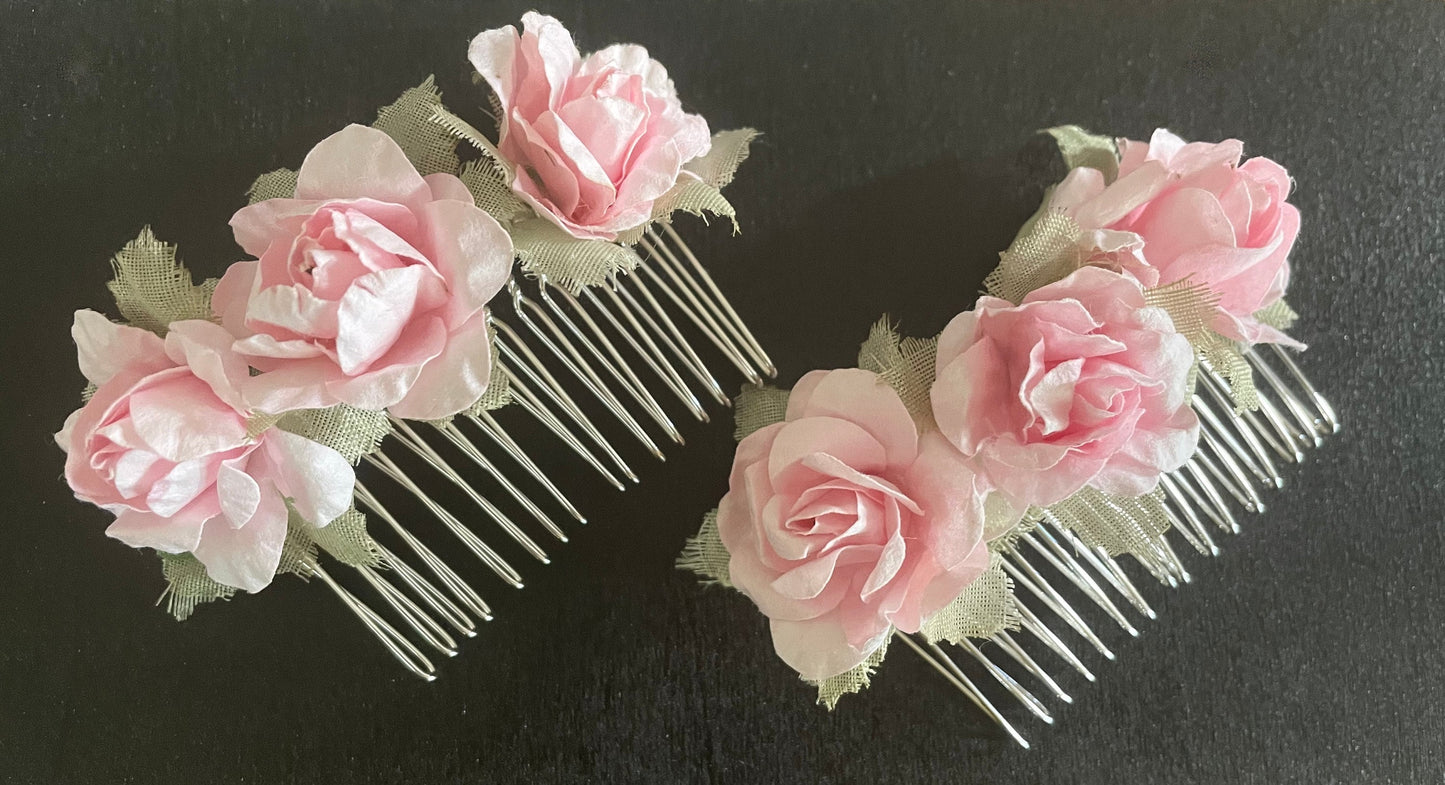 Pink faux flower hair combs - 1 pair