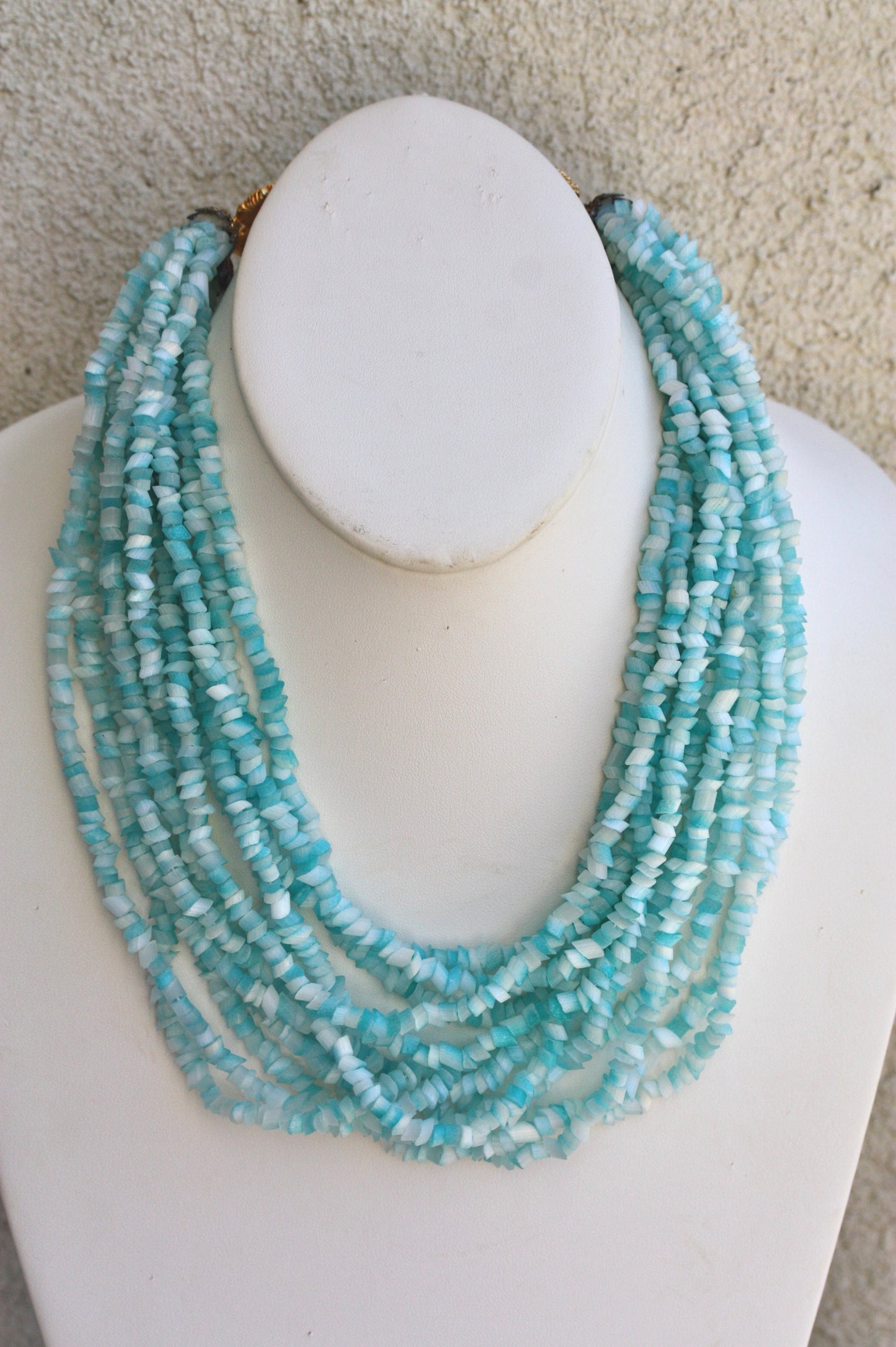 Stunning all glass -  horizontally cut turquoise glass lush vintage multi strand necklace