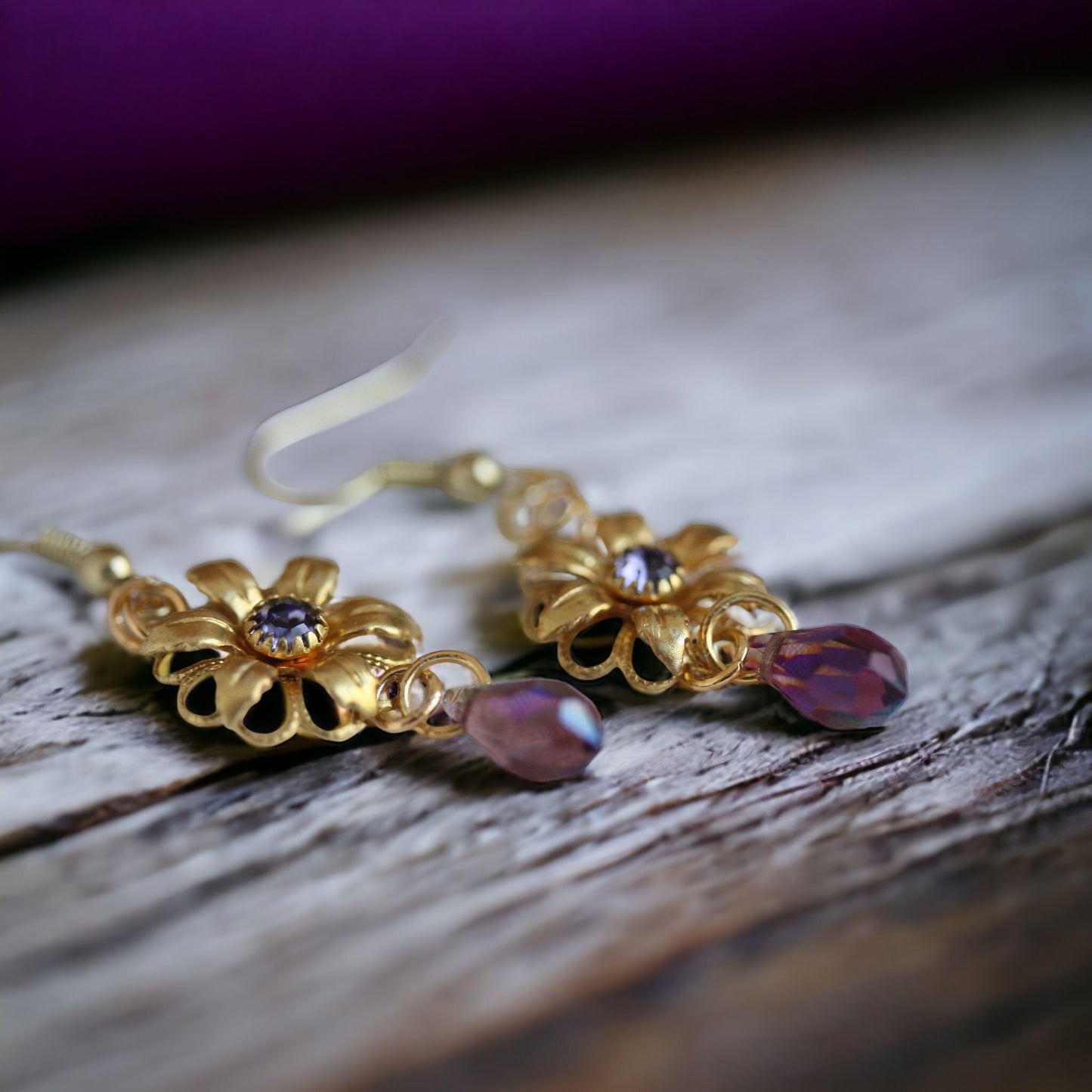 Handmade earrings - made up of vintage & new components - gold flowers with purple rhinestones and crystal dangles