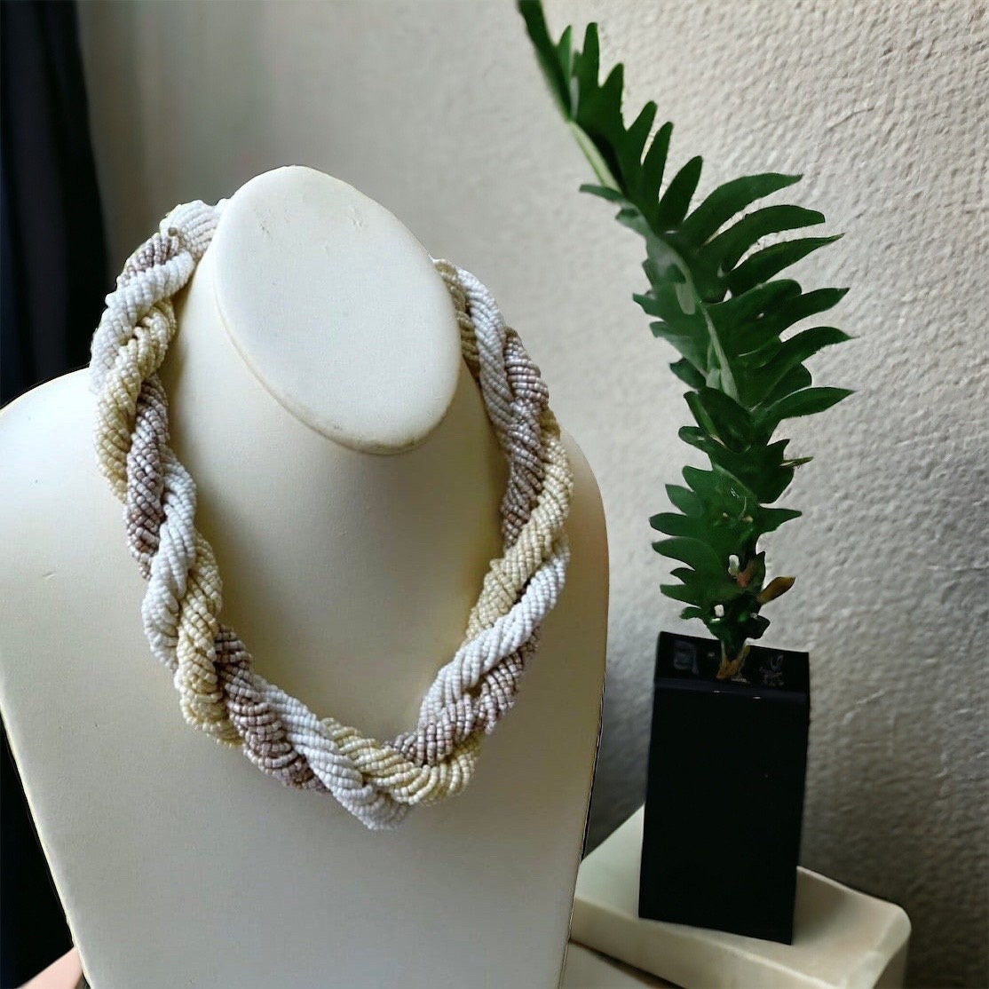 Chunky vintage statement necklace made of thousands of seed beads - with beadwork ball closure - shades of white, cream and grayish tan
