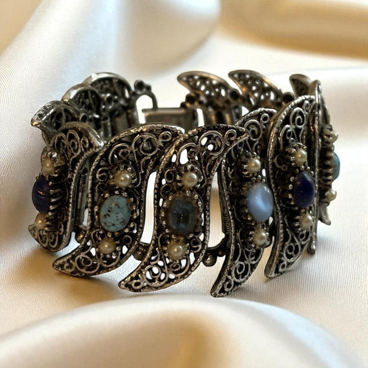 1940s Silvertone Filigree Bracelet – Vintage Blue Glass Cabochons, Art Deco Style, Retro Statement Jewelry