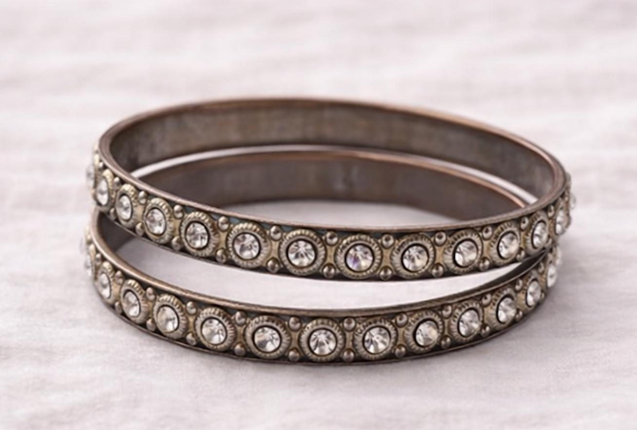 Vintage Rhinestone Bangle Bracelets Set of 2, Antique Silver Tone Crystal Bangles, Stackable Vintage Bracelets, Classic Sparkle Jewelry