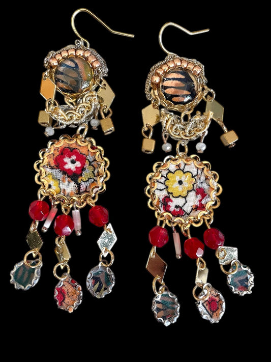 Handmade collage earrings featuring vintage textiles, crystal glass, mixed metals and various unique findings. Sterling silver ear wires.