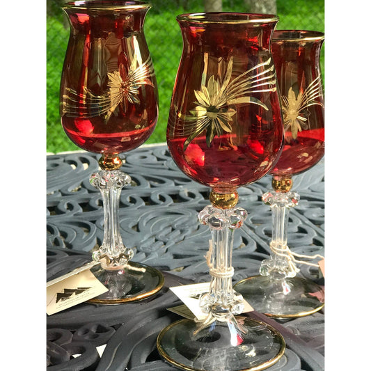 6 Fine Egyptian Museum cranberry mouth blown wine glasses, gold starburst - great for Christmas