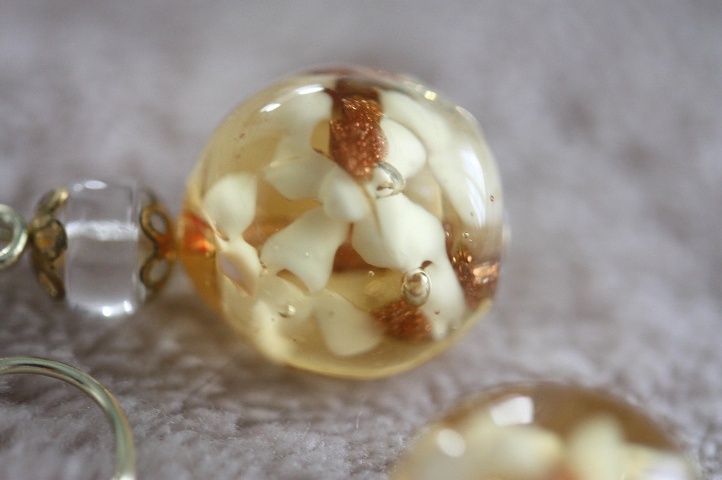 Stunning yellow and gold blown glass earrings with goldstone filigree - 1 and 1/4"