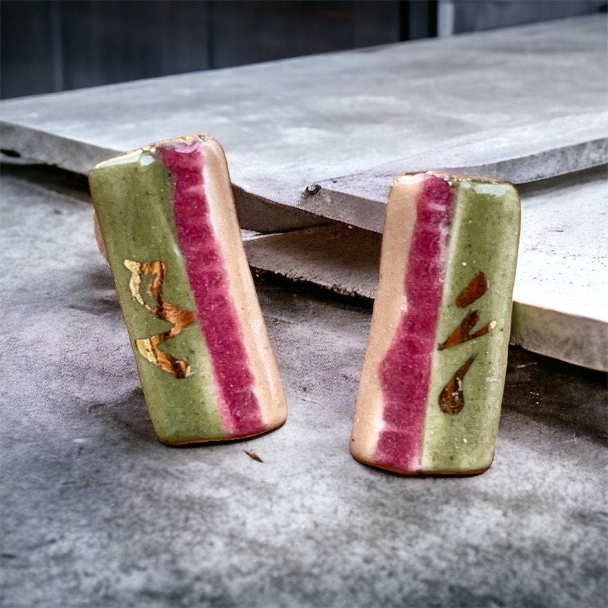 Vintage pottery ceramic earrings - red, green and gold glaze on clay