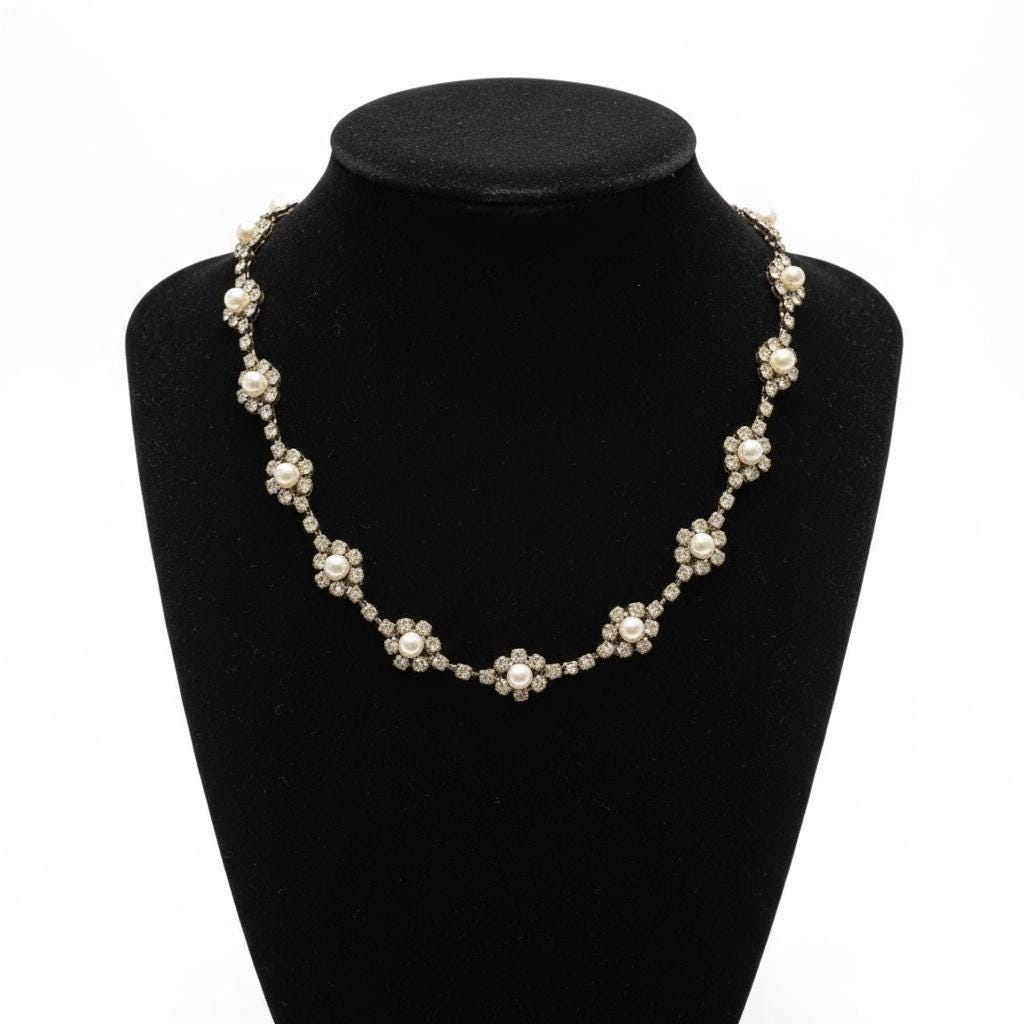 Vintage NY Signed Rhinestone & Pearl Necklace, Elegant 1950s Bridal Jewelry - most likely Kramer of NY?