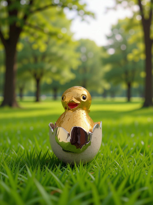 A golden egg-shaped object with a face sits on a grassy field, surrounded by trees.