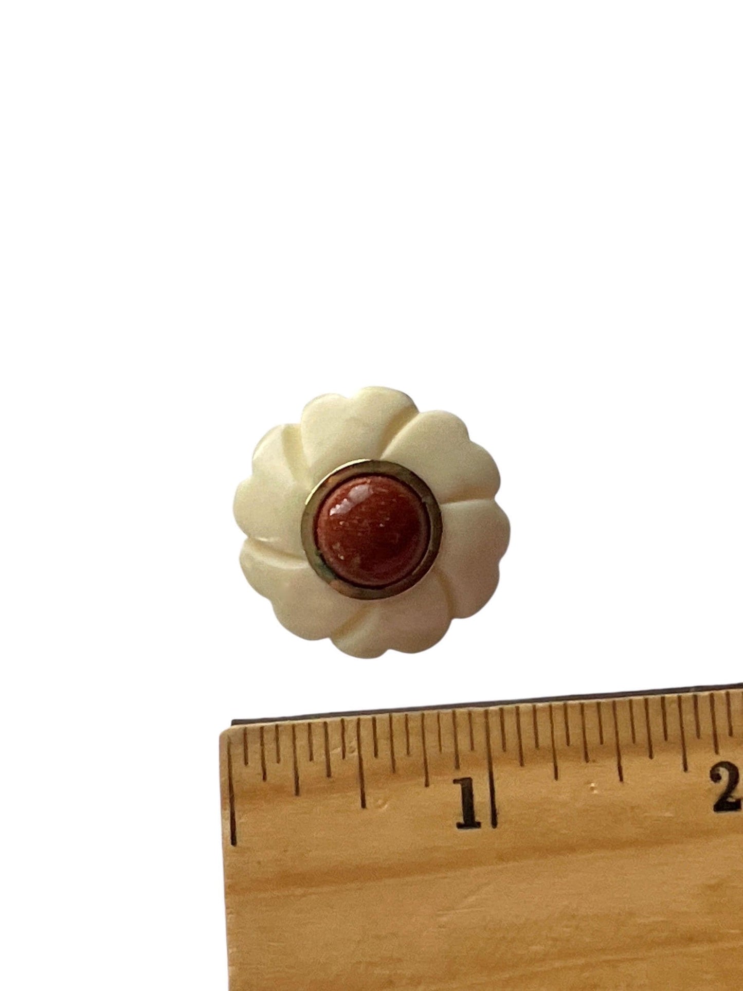 Vintage Carved Ivory-Tone Flower Clip Earrings with Cabochon Center | Retro Statement Earrings