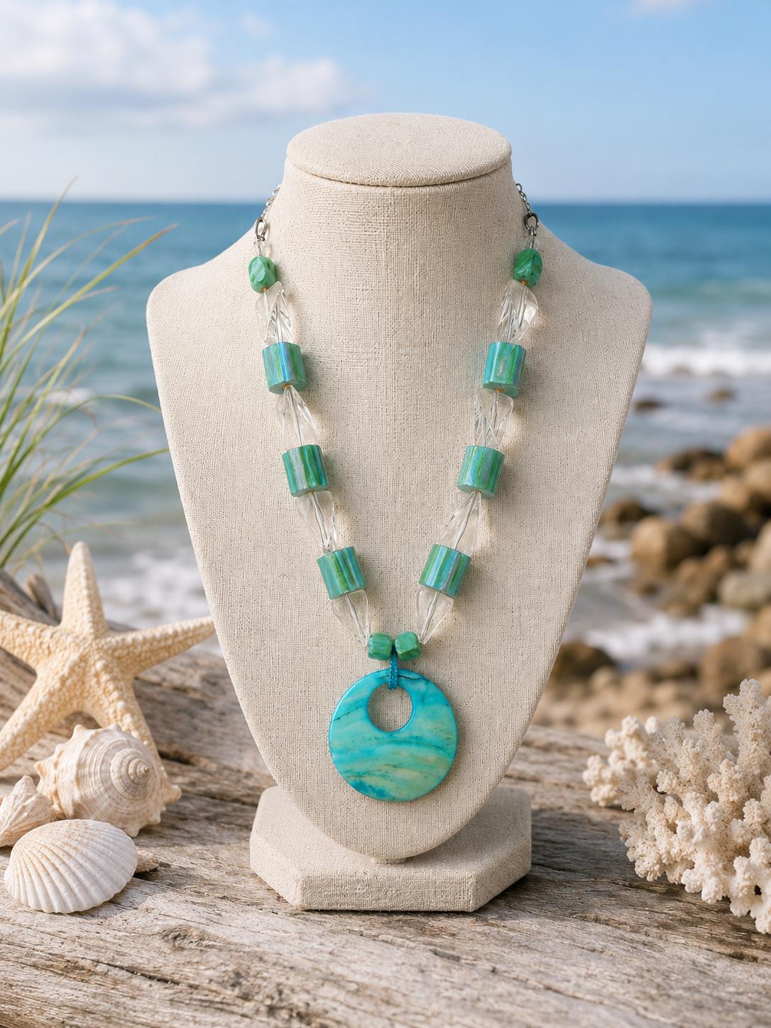 Vintage Artisan Coastal Statement Necklace Shell Pendant, Lucite Prism Beads and Hand Painted Wood Beads Wearable Art Necklace