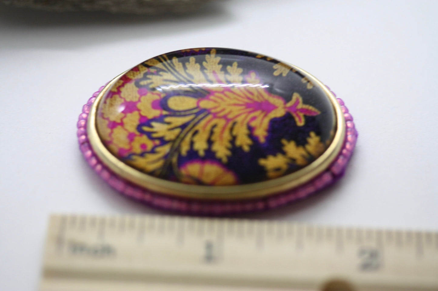 Handmade. beadwork and mixed material pink, purple and goldtone necklace pendant OR pin