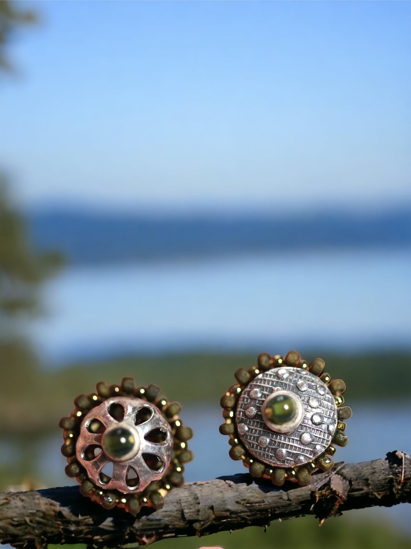 Mismatched mixed material hand beaded stud earrings - very unique - shades of green - handmade original beadwork