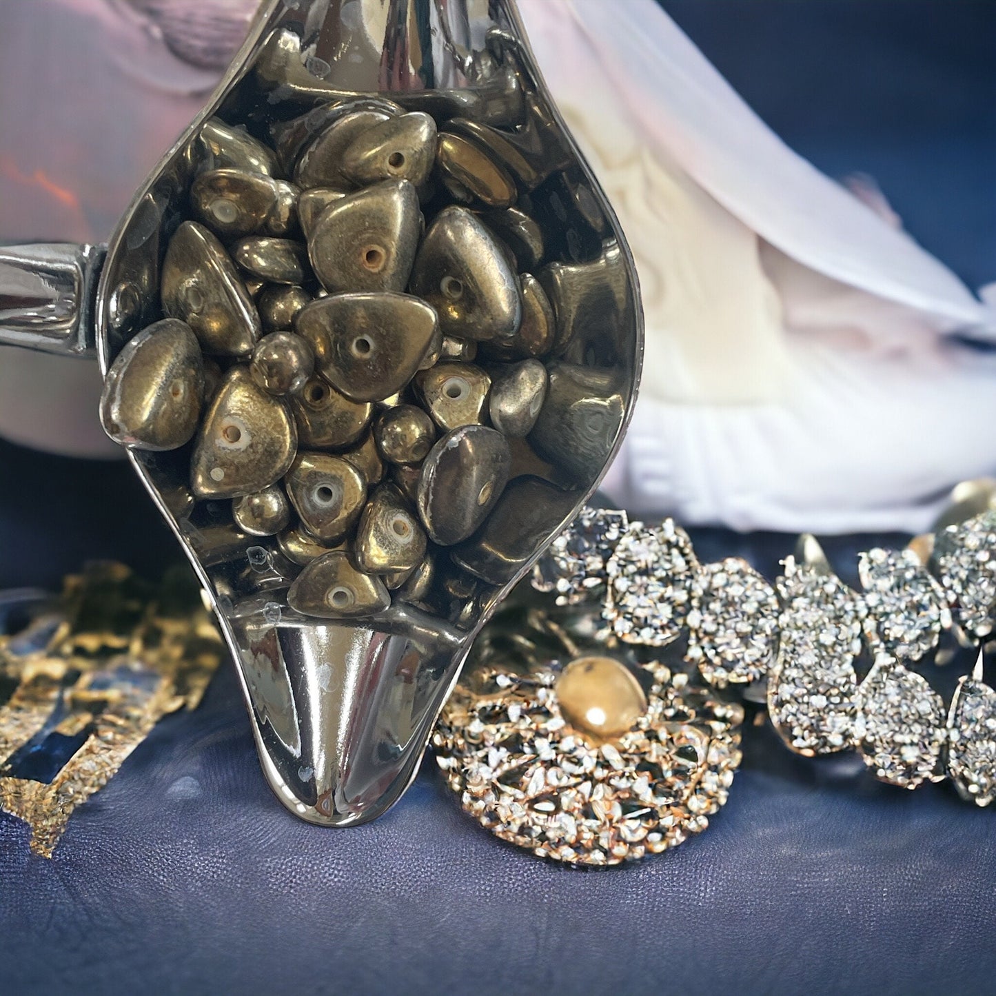 Silver metallic vintage chip and round beads