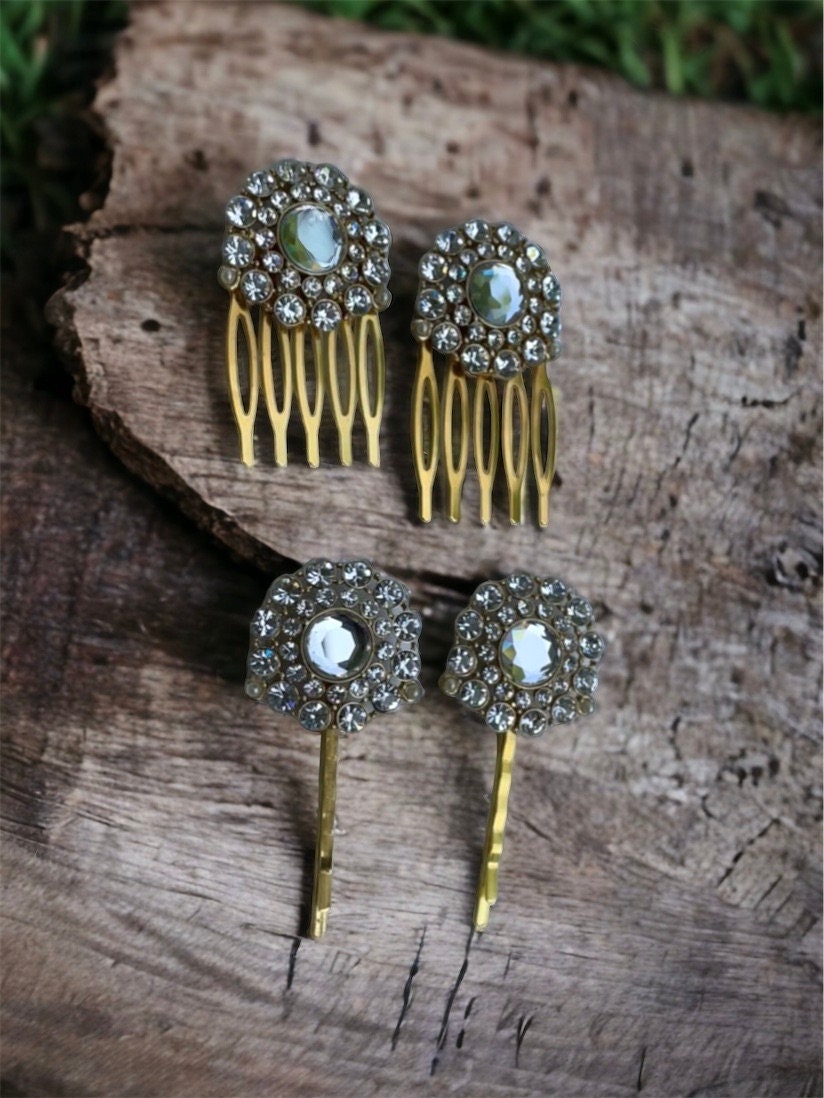 Pair of rhinestone hair combs or hair pins - all white rhinestones trimmed with tiny faux baby pearls