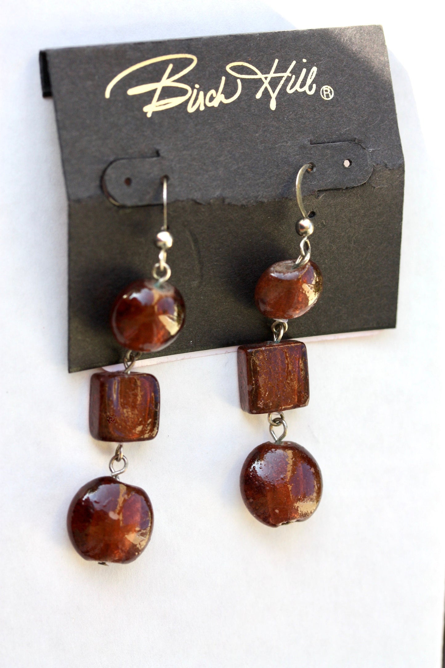 Birch Hill vintage square and circle brown glass dangle earrings