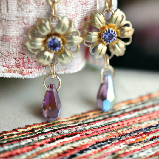 Handmade earrings - made up of vintage & new components - gold flowers with purple rhinestones and crystal dangles